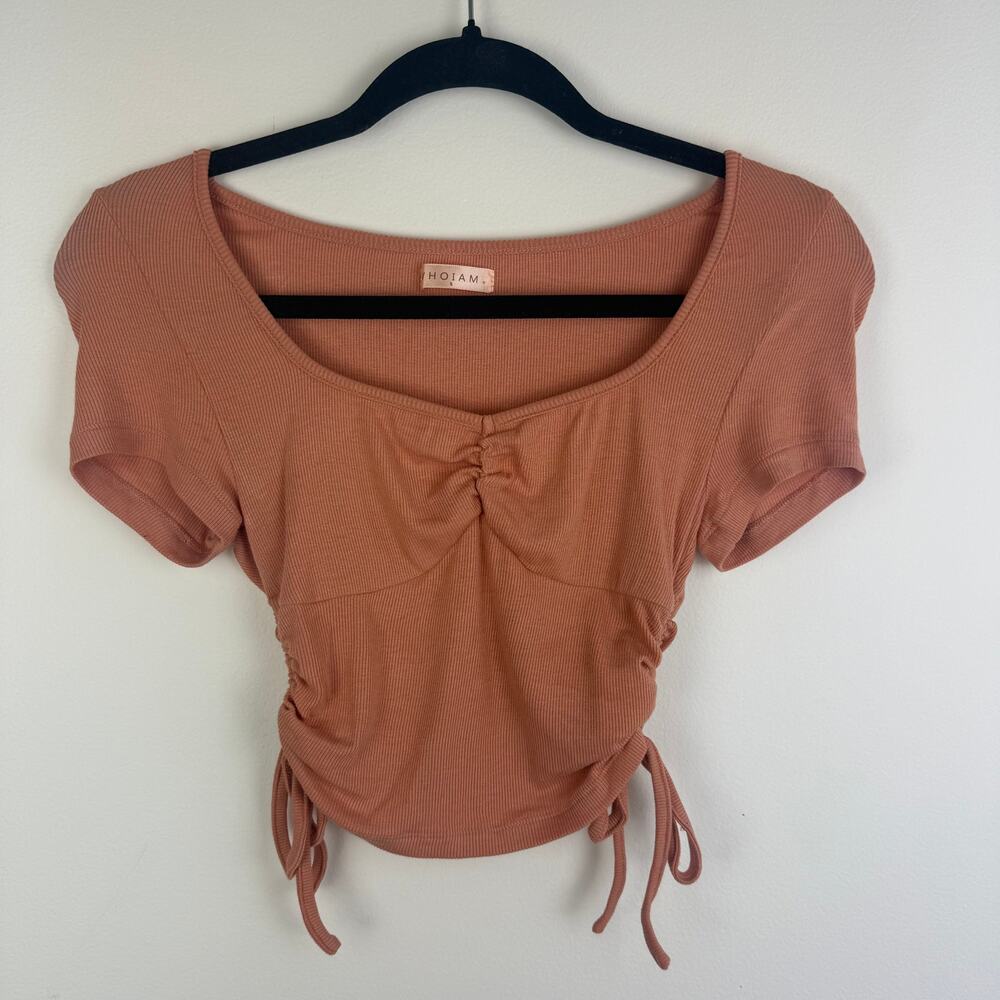 WHOIAM Womens Short Sleeve Sweetheart Neckline Ruched Crop Peach Blouse Small